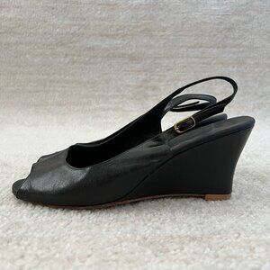 Twenty Two Black Leather Peep Toe Wedge Heels Shoes 6